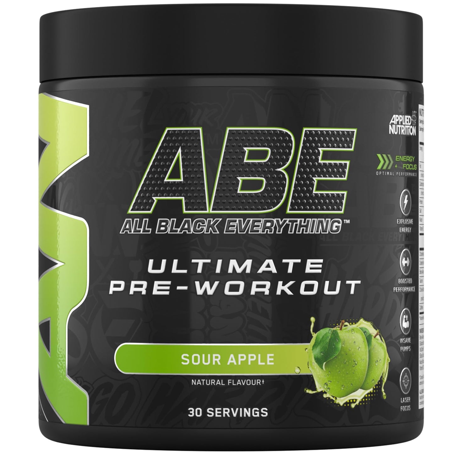 Applied Nutrition Bundle ABE Pre Workout 375g + ABE Black Shaker 700ml | All Black Everything Pre Workout Powder, Energy Drink, Physical Performance, Creatine, Beta Alanine, Caffeine (Sour Apple)