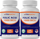 Vitamatic Folic Acid 1000 mcg (1 mg) - Vegetarian Tablets - 1667 mcg DFE - Vitamin B9 (240 Count (Pack of 2))