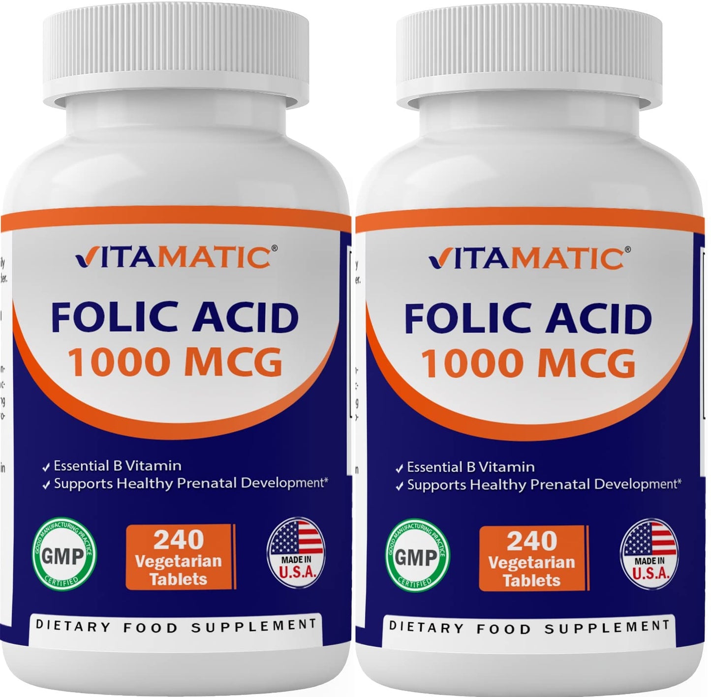 Vitamatic Folic Acid 1000 mcg (1 mg) - Vegetarian Tablets - 1667 mcg DFE - Vitamin B9 (240 Count (Pack of 2))