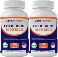 Vitamatic Folic Acid 1000 mcg (1 mg) - Vegetarian Tablets - 1667 mcg DFE - Vitamin B9 (240 Count (Pack of 2))