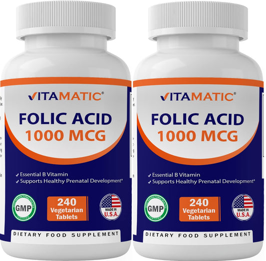 Vitamatic Folic Acid 1000 mcg (1 mg) - Vegetarian Tablets - 1667 mcg DFE - Vitamin B9 (240 Count (Pack of 2))