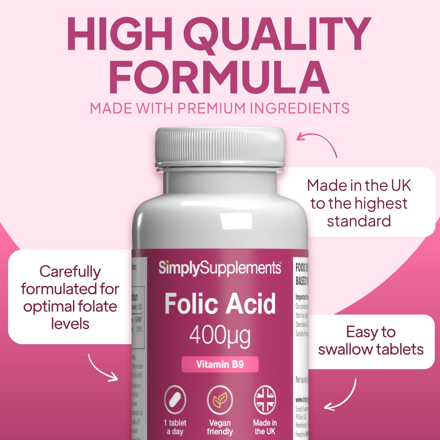 Simply Supplements Folic Acid 400µg (Vitamin B9) | 360 Vegan Tablets | 12 Months' Supply