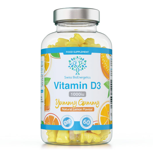 swiss bioenergetics Vitamin D3 Gummies 25µg 1000IU - 60 Natural Lemon Flavour Chewable Yummy Gummies - 2 Month Supply - Made in The UK