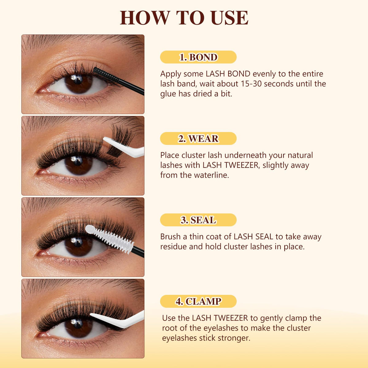 QUEWEL Cluster Lashes Kit Fluffy Lash Clusters, 144 pcs Thick Lashes Individual Cluster with 16ml Bond and Seal Lash Glue, Lash Applicator Easy to Use at Home (3D-Honey01 Kit)