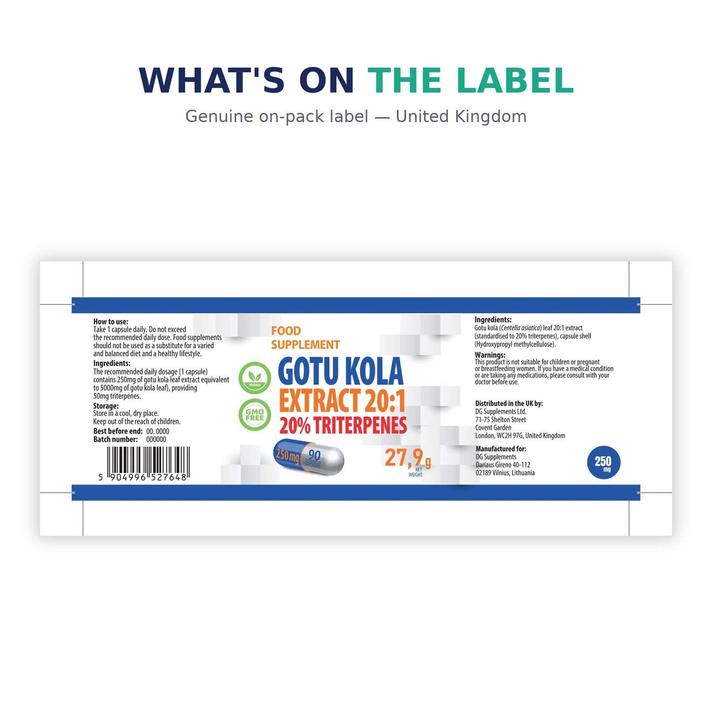 Hepatica Gotu Kola (Centella Asiatica) 5,000mg Equivalent | 250mg 20:1 Extract Standardised to 20% Triterpenes | 90 Vegan Capsules | 3-Month Supply | 3rd Party Lab Tested