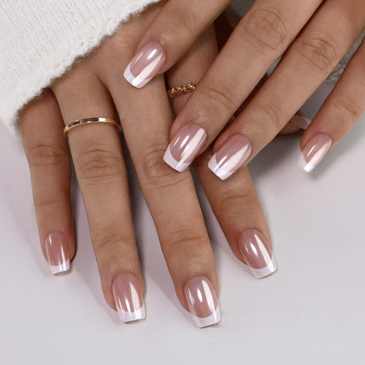 Noerrors French False Nails, Short Square Aurora Press on Nails, 30Pcs White White Tip Stick on Glossy Glitter Removable Full Cover Acrylic Cover Glue on Nails for Women Girls Art Manicure