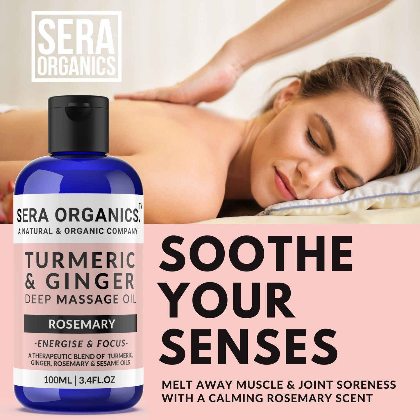 Turmeric & Ginger Massage Oil - Natural Muscle & Joint Relief - Warming, Relaxing, and Soothing Therapy - Lymphatic Drainage & Anti-Inflammatory with Rosemary (100ml) Made in The UK by Sera Organics