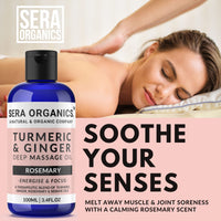 Turmeric & Ginger Massage Oil - Natural Muscle & Joint Relief - Warming, Relaxing, and Soothing Therapy - Lymphatic Drainage & Anti-Inflammatory with Rosemary (100ml) Made in The UK by Sera Organics