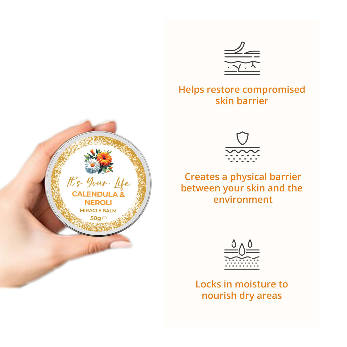 It's Your Life Miracle Balm, Calendula balm, Natural Skincare, as a, Wound Healing Cream, Scab Healing Cream, &, Burn Cream Healing Anti Scar. 50 grams of, Calendula Cream, its Natures, Wonder Balm, for, Dry Skin