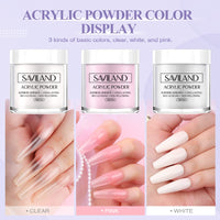 Saviland Acrylic Nail Kit - 45g White Pink Clear Acrylic Powder and Liquid Set with 3 Sizes Acrylic Nail Brush/Nail File/Nail Forms/Dappen Dish for Beginners Nail Extension Carving Acrylic Nail Set