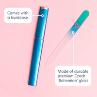 Bona Fide Beauty Czech Glass Nail File for Natural Nails, Single Crystal Nail File with Hardcase. Made in the EU. (Aqua)