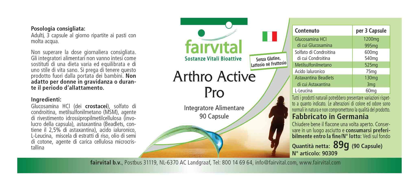 Fairvital | Arthro Active Pro - Glucosamine 1200 mg per Daily dose with chondrotin sulfate and MSM + hyaluronic Acid + astaxanthin - HIGH-Dosage - 90 Capsules - German Quality
