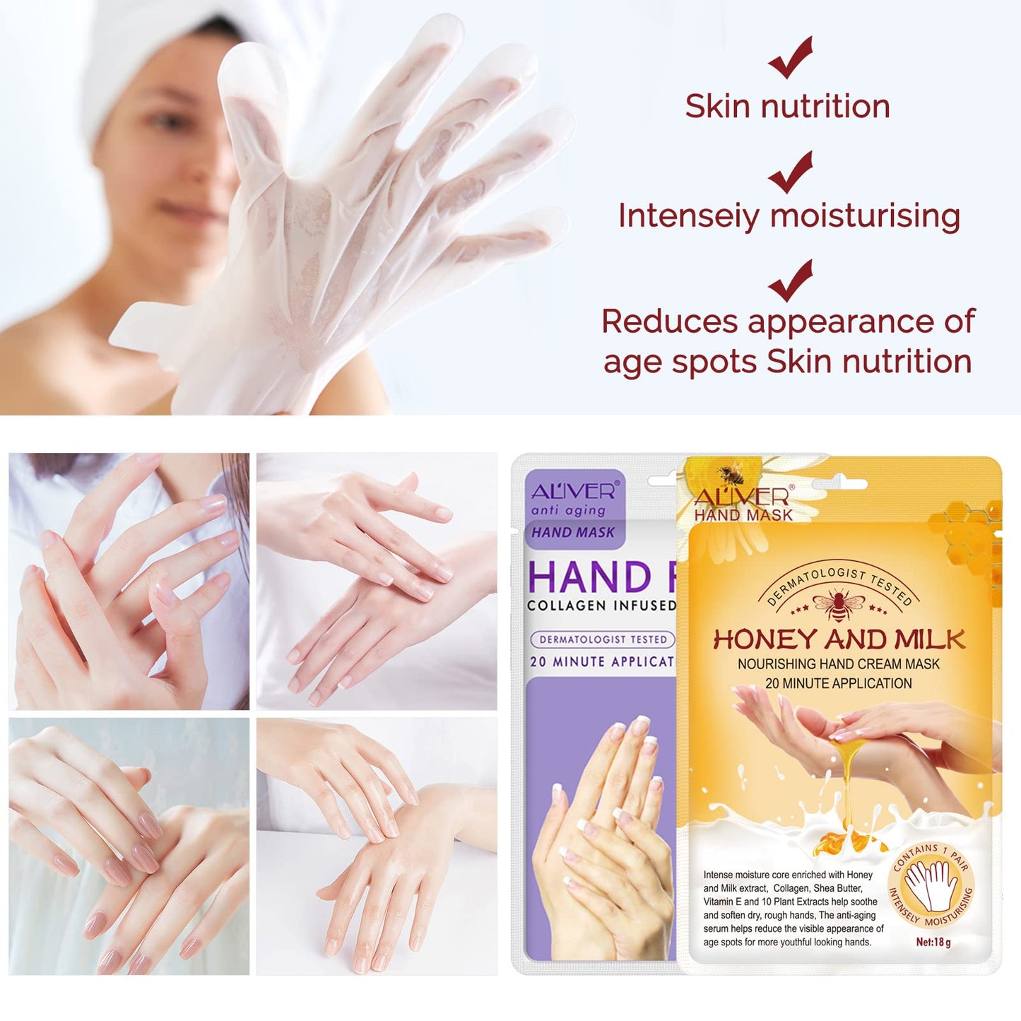 CCKULOOB Hand Mask, 4 Pairs Moisturizing Hand Mask Hand Skin Repair Renew Mask that Enriched with Collagen, Shea Butter, and Vitamin-E to Revive Dry, Rough and Cracked Skin (2 Lavender +2 Honey)