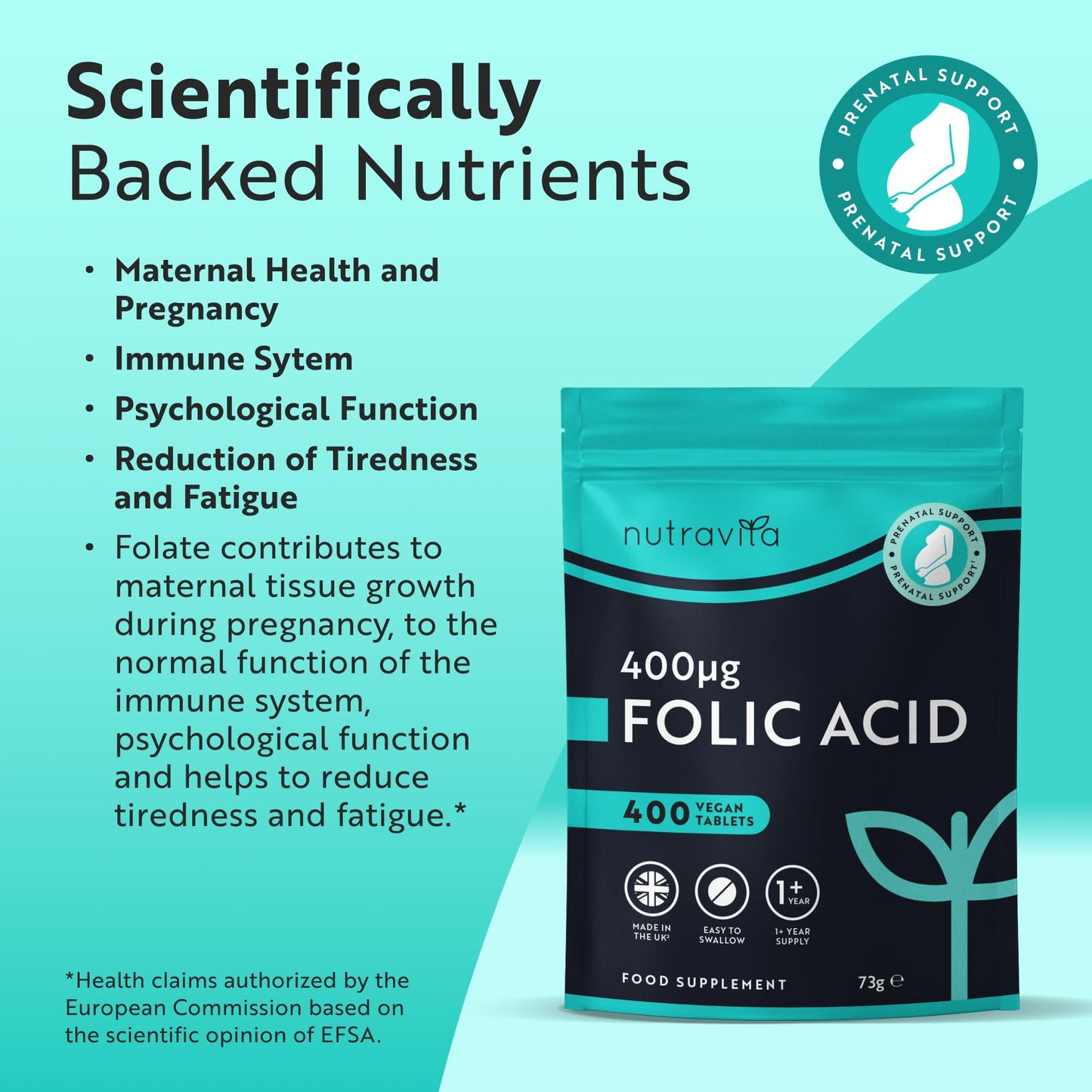 Nutravita Folic Acid Tablets 400 mcg - 400 Vegan Vitamin B9 Tablets - 13 Month Supply - Pregnancy Care - Normal Function of Immune System & Maternal Tissue Growth During Pregnancy