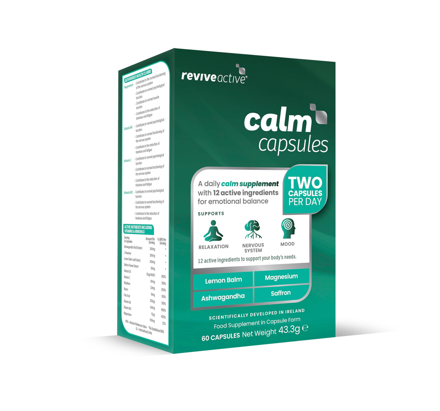 Revive Active Calm Capsules - 12 Active Ingredients in 1 Daily Sachet - Ashwagandha with Essential Vitamins and Magnesium - Supports Energy Levels, Nervous System, Relaxation & Mood - 60 Capsules