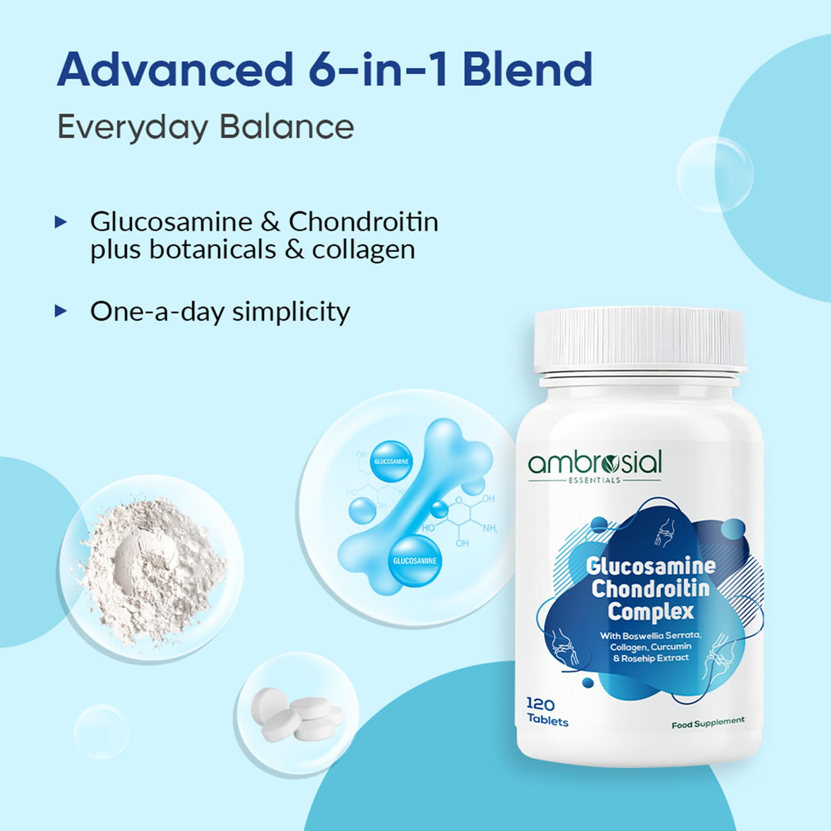 AMBROSIAL Ambrosial Glucosamine Chondroitin High Strength with Collagen, Curcumin, Boswellia & Rosehip – 6-in-1 Formula for Men & Women – Non-GMO, GMP Certified, 120 Tablets (4 Months Supply)