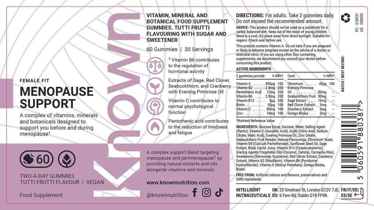 Known Menopause Support Gummies – Tutti Frutti Flavour – Vegan Multivitamin Gummy Supplement with Evening Primrose Oil, Sage, Red Clover & Vitamins – Perimenopause & Postmenopause – 1 Month Supply