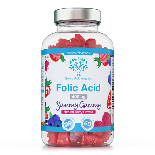 Folic Acid Gummies - 400μg, 60 Natural Berry Flavoured & Vegan Gummies - High Strength Vitamin B9 Folic Acid Pregnancy Support Prenatal Vitamin - No Artificial Sweeteners or Flavours – UK Made