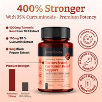 Pureclinica Turmeric Curcumin - 1100mg x 360 Tablets (2 Bottles of 180) - w/ 95% Curcumin and 5mg Black Pepper Extract