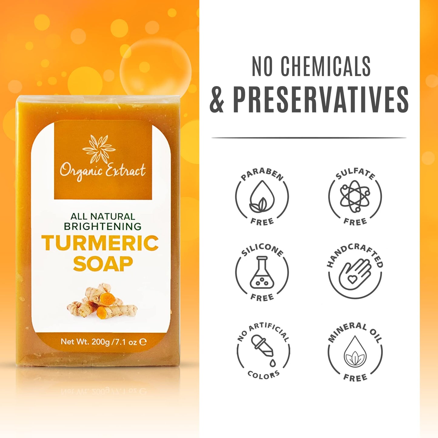 ORGANIC EXTRACT Tumeric Soap - 7.05fl oz / 200g - Skin Brightening Soap Bar - Deeply Moisturizes & Cleanses Skin, Reduces Acne & Dark Spots