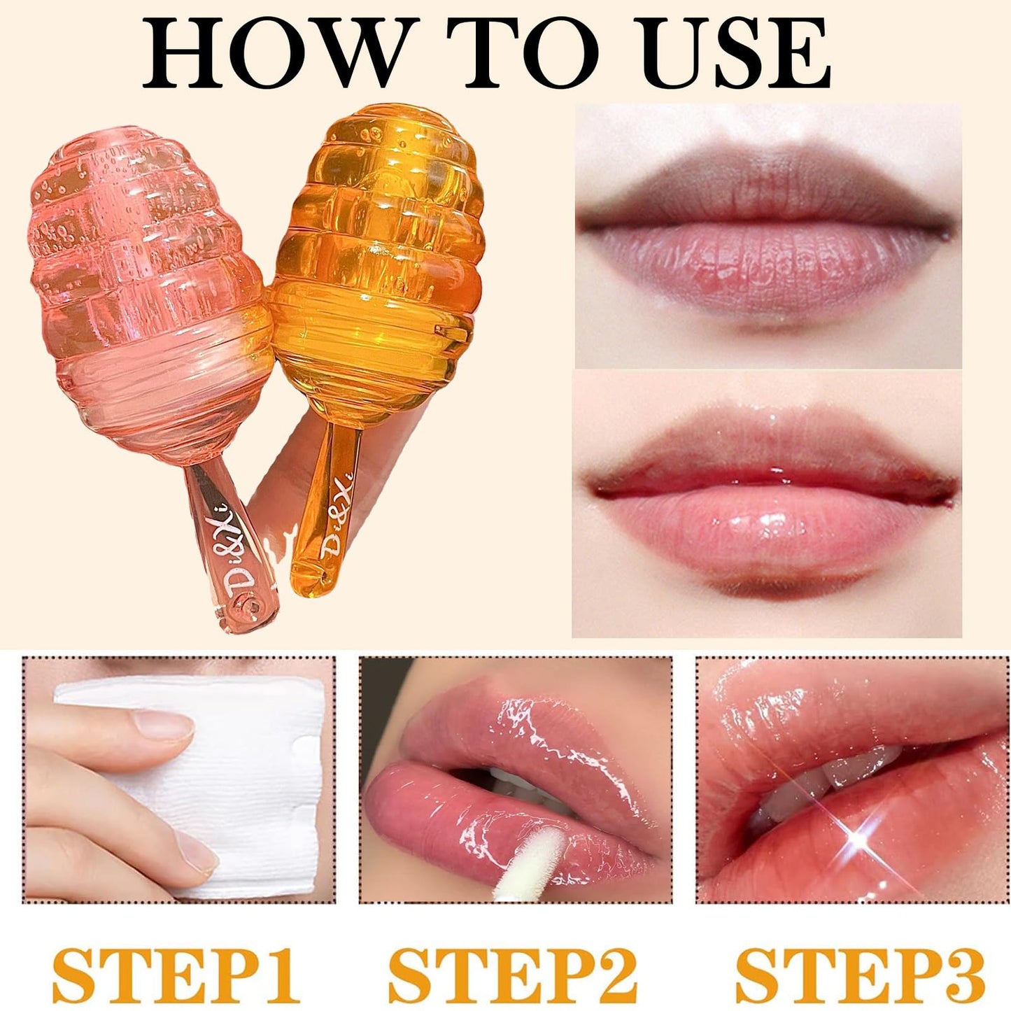 GEEWHILE Honey Lip Oil Clear Lip Gloss Set, 2PCS Honey Bee Balm Moisturizing Liquid Lipstick, Glossy Lip Make Up Transparent Lip Gloss Kit for Day&Night Lip Care,Lip Line Reducing, Honey Flavors