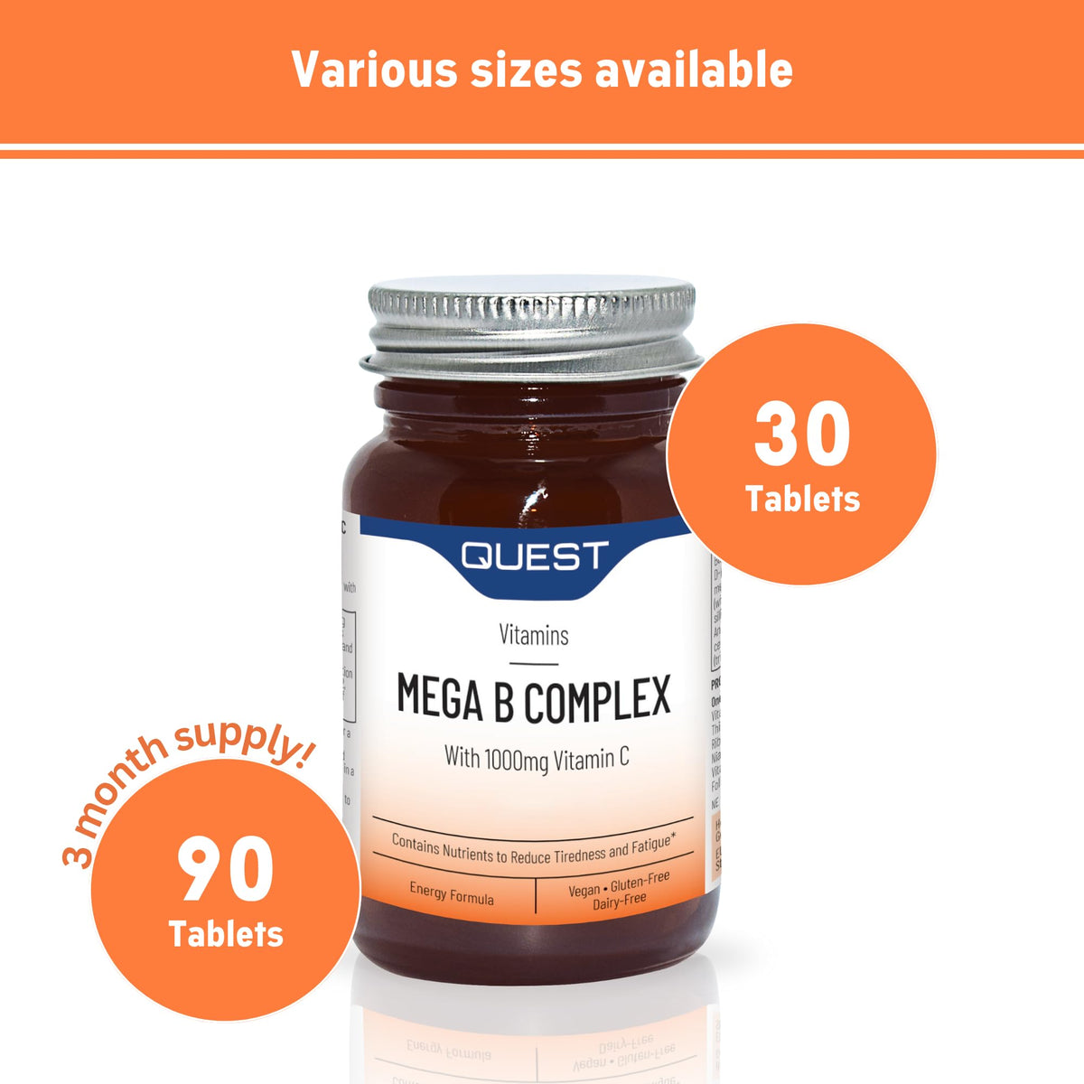 Quest - 60x Mega Vitamin B Complex Tablets. High Strength Vitamin B1-B2-B3-B6-B12, Biotin & C Supports Energy Production, Stress Response, Immune System & Brain Function (1 Pack)