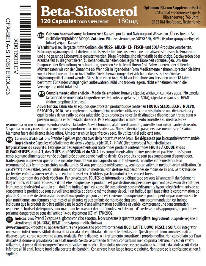 optimum-fx Beta Sitosterol 180mg from 400mg Plant Sterols Capsule High Strength Supplement – NOT Tablets or Powder – Contributes to Normal Blood Cholesterol 120 Vegan Caps 2 Months’ Supply