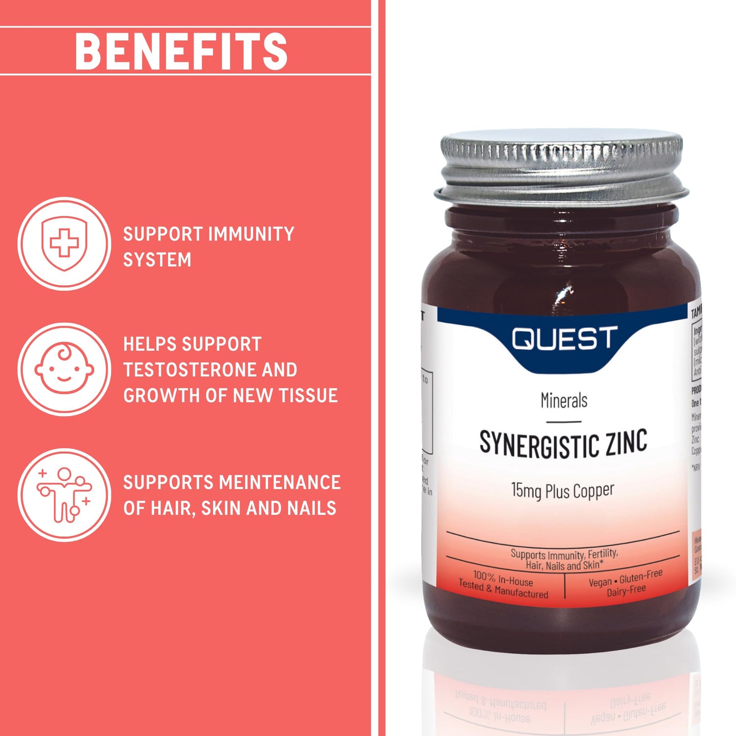 Quest - 30x 15mg Synergistic Zinc with Copper for Immune System Support & Hair, Skin & Nails Booster. Daily Vegan & Gluten Free Zinc Supplements Capsules for Immunity & Antioxidant (Pack of 1)