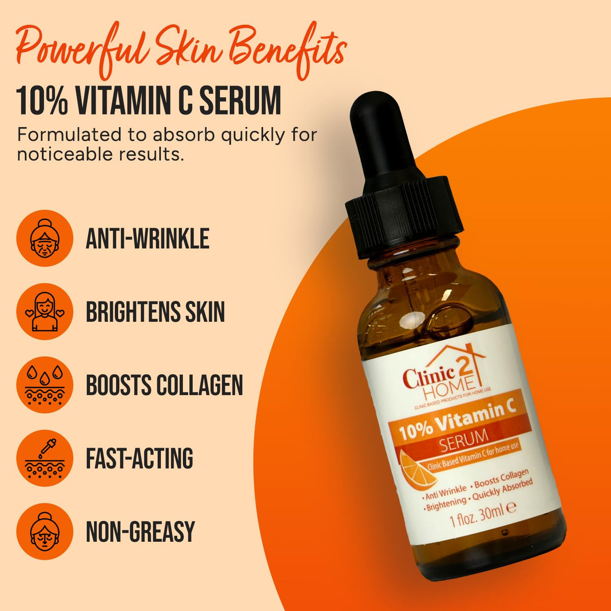 Clinic2Home Vitamin C Serum for Face - Powerful 10% Vit C Serum for Dark Spots, Wrinkles & Fine Lines - Anti Aging, Collagen Boosting & Skin Brightening Pure Vitamin C Facial Serum Skin Care