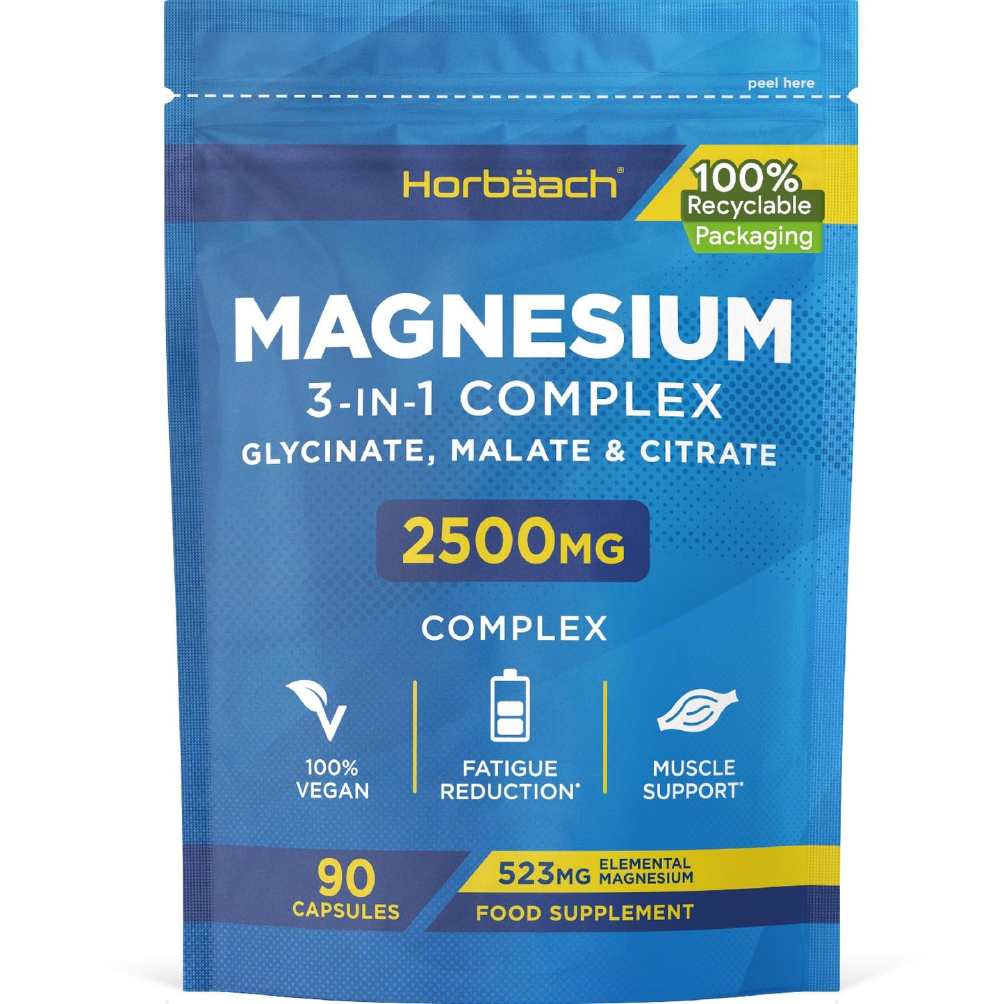 Magnesium Glycinate Supplements 2500mg | 3-in-1 Complex | 523mg Elemental Magnesium | Magnesium Bisglycinate, Malate & Citrate Triple Blend | 90 Vegan Capsules | by Horbaach