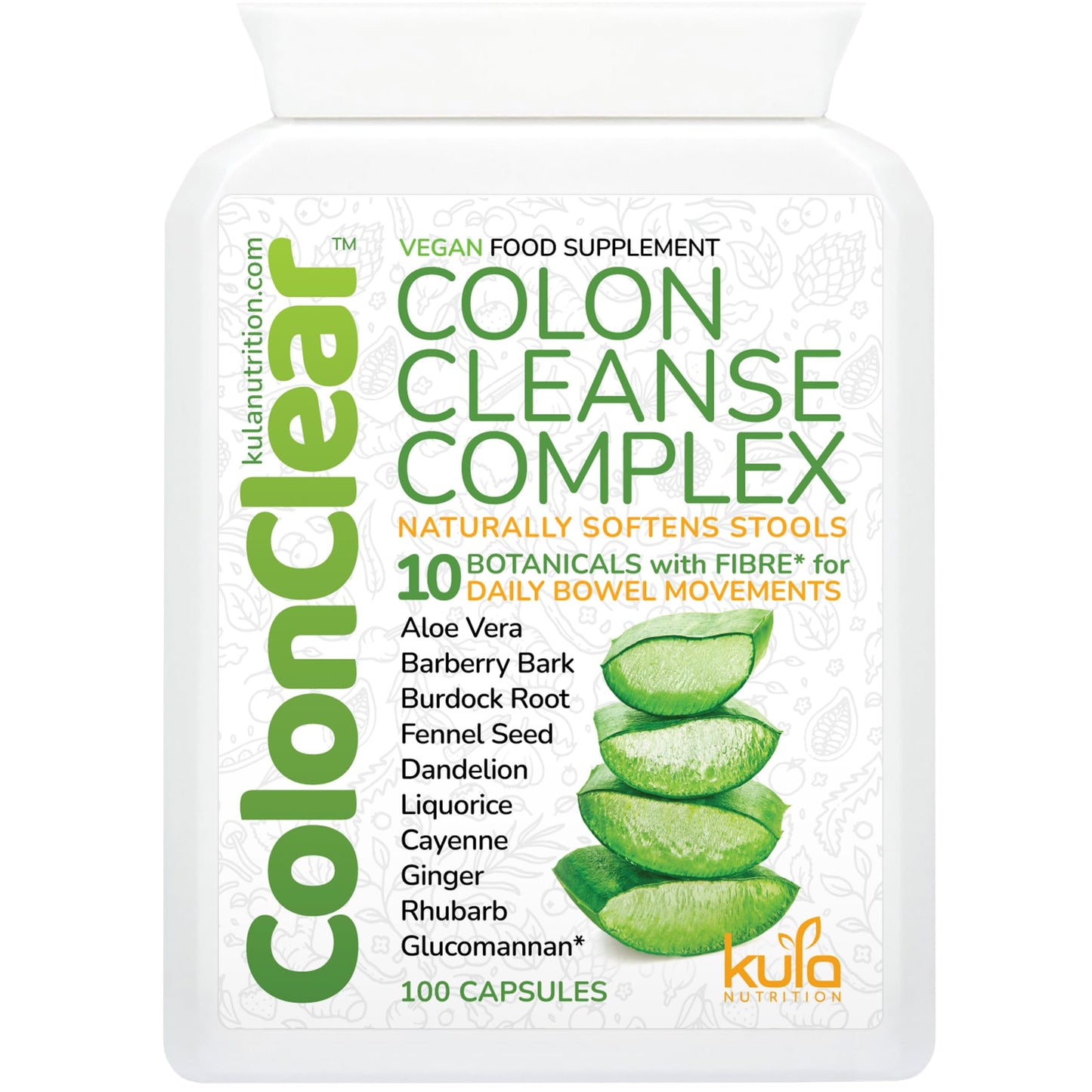 Kula Nutrition ColonClear – Colon Cleanse Detox - Natural Laxative and Stool Softener for Constipation Relief for Adults – Everyday Herbal Formula with Aloe Vera and Fibre for Regular Bowel Movements - 100 Capsules