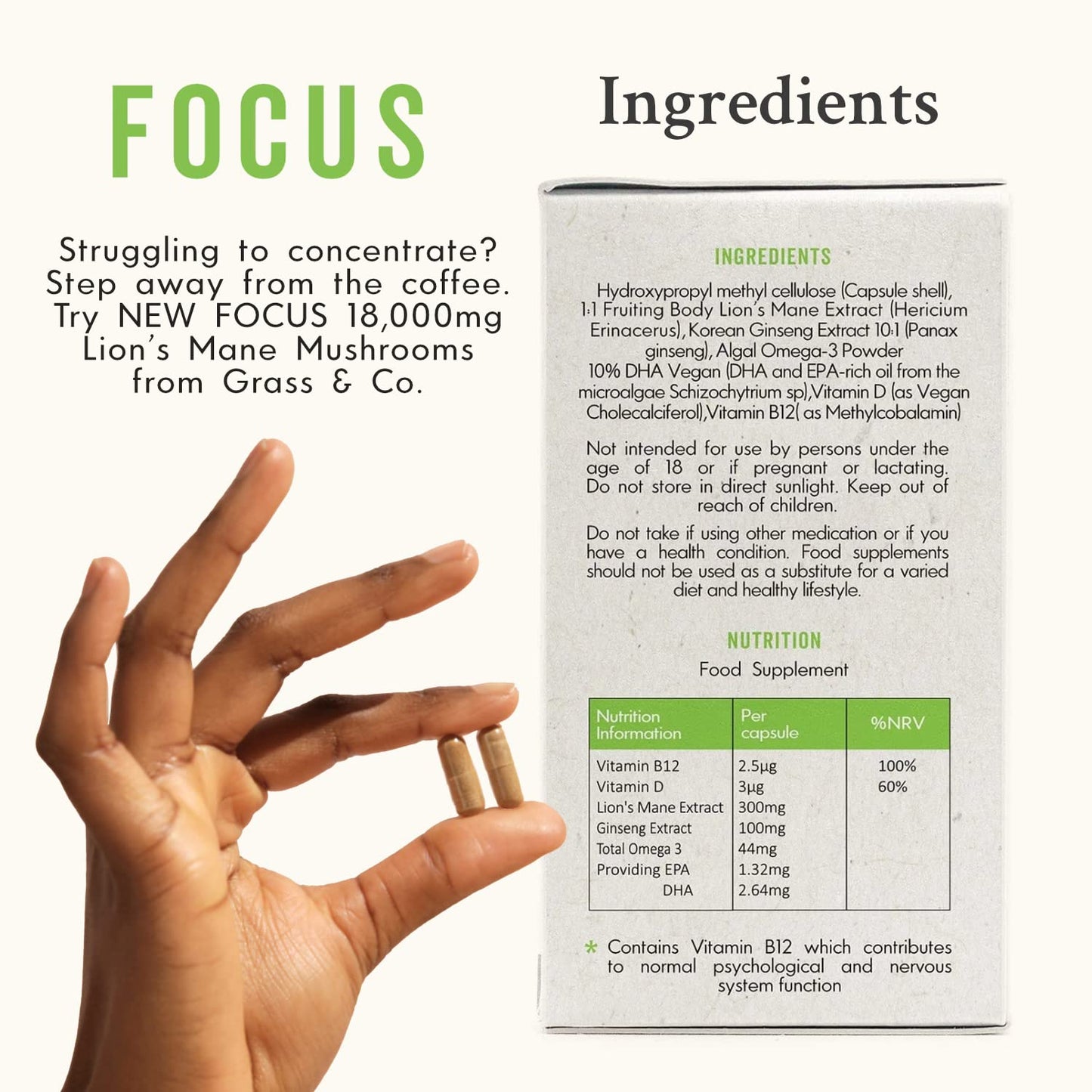 Grass & Co | FOCUS Lion's Mane Mushroom Capsules | Supports Cognitive Health | 60 Capsules | 30 Servings | Lion's Mane Extract, Ginseng, Omega-3, Vitamins B12 & D