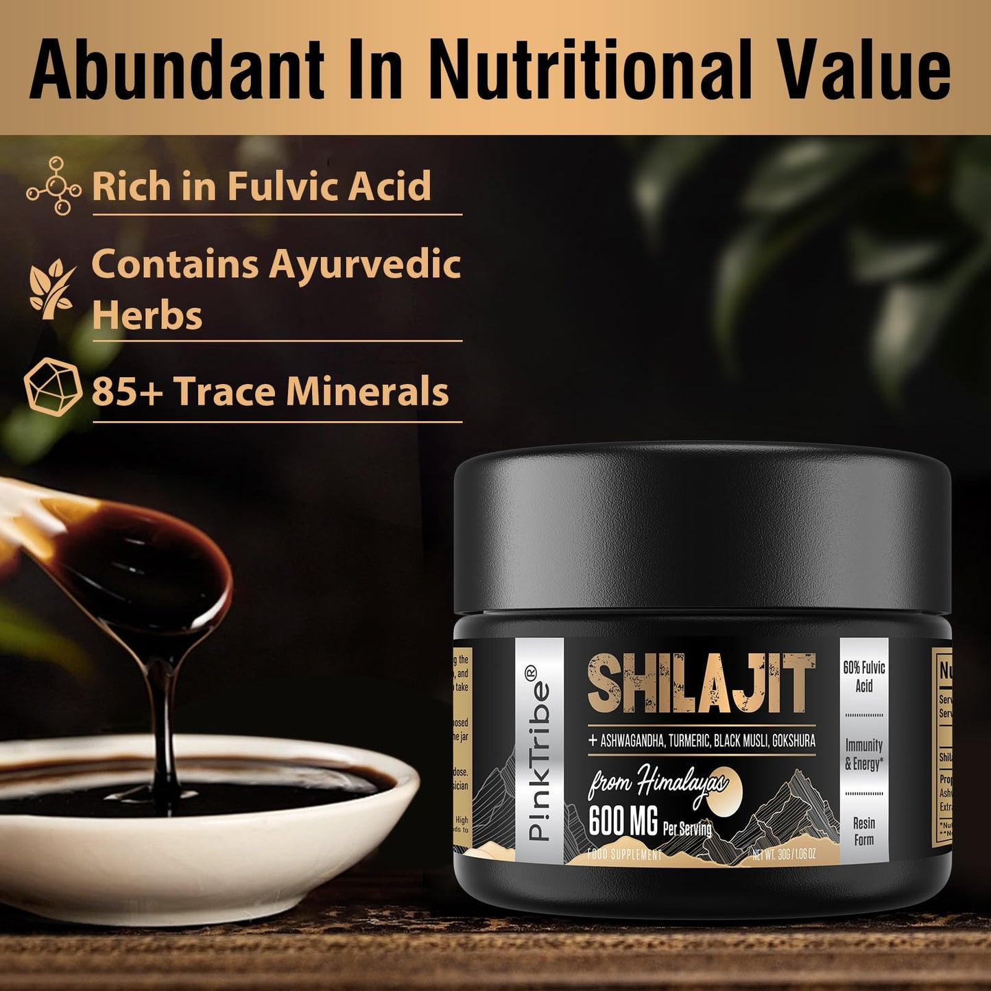 Shilajit Resin Gold Standard Shilajit - 600mg Himalayan Shilajit Blend with Ayurvedic Herbal Extracts, High Levels of Fulvic Acid, Supports Energy and Performance, 30 g (Pack of 2)