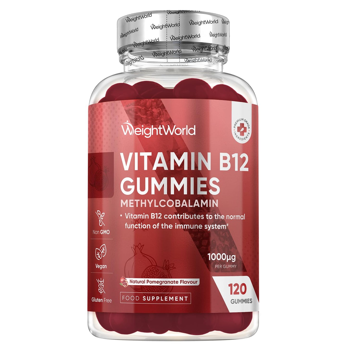 WeightWorld Vitamin B12 Gummies - 120 Gummies - 4 Months Supply - 1000mcg - Tasty, Natural Pomegranate Flavour - 1 per Day - Vegan & Gluten-Free - Methylcobalamin Form for Easy Absorption - B12 Vitamin Supplement