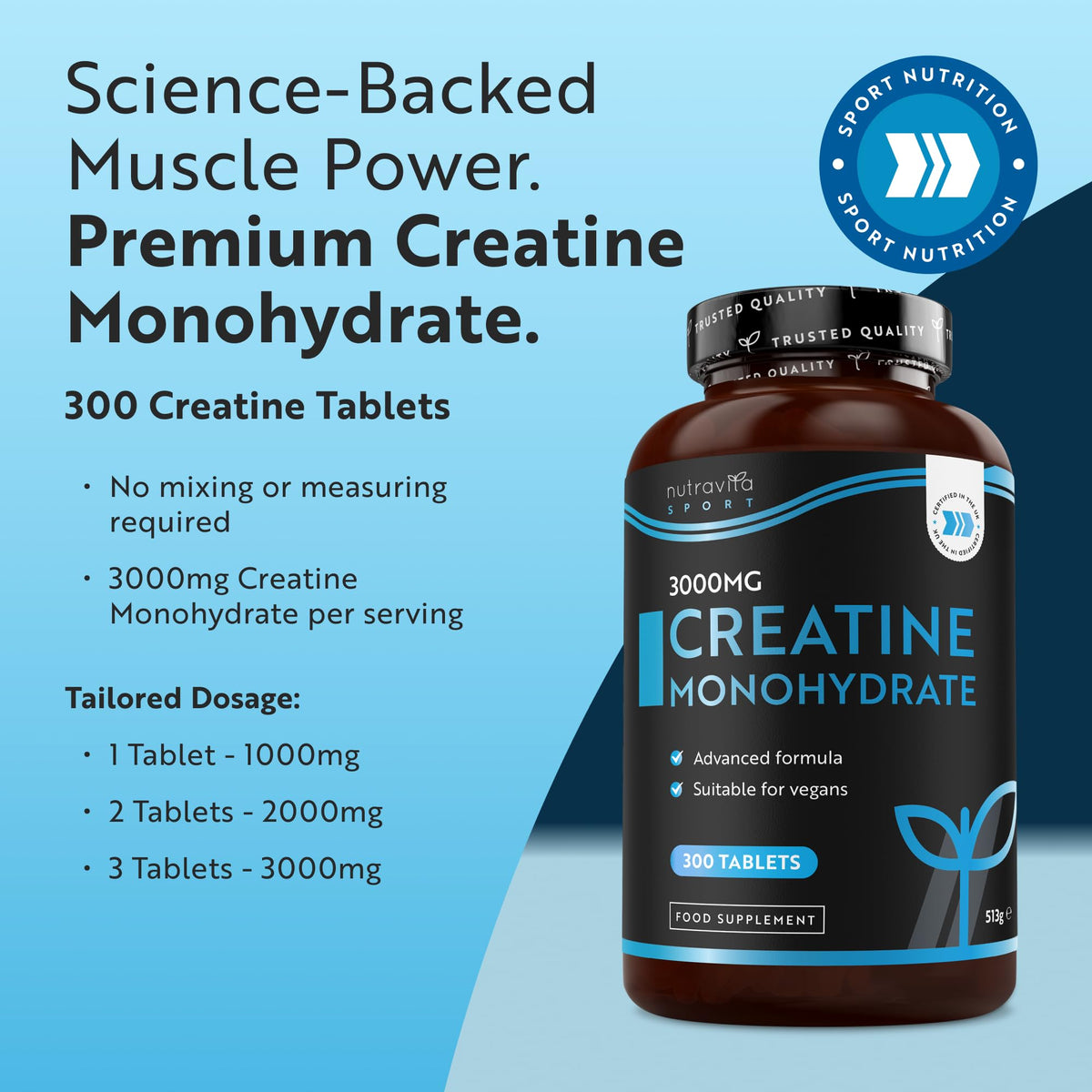 Nutravita Creatine Monohydrate 3000mg - 300 Vegan Creatine Tablets (3+ Months) - Pre Workout Supplement for Men & Women - Alternative to Powder & Capsules - Made in The UK