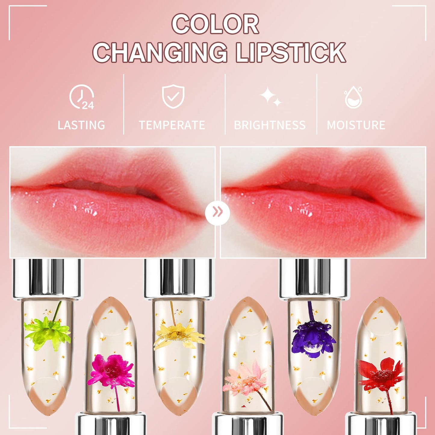 6 Packs Flower Jelly Lipstick Set Magic Temperature Color Change Lip Balm Long Lasting Moisturizer Lip Gloss Flower Jelly Lipstick Makeup Set (Set A)