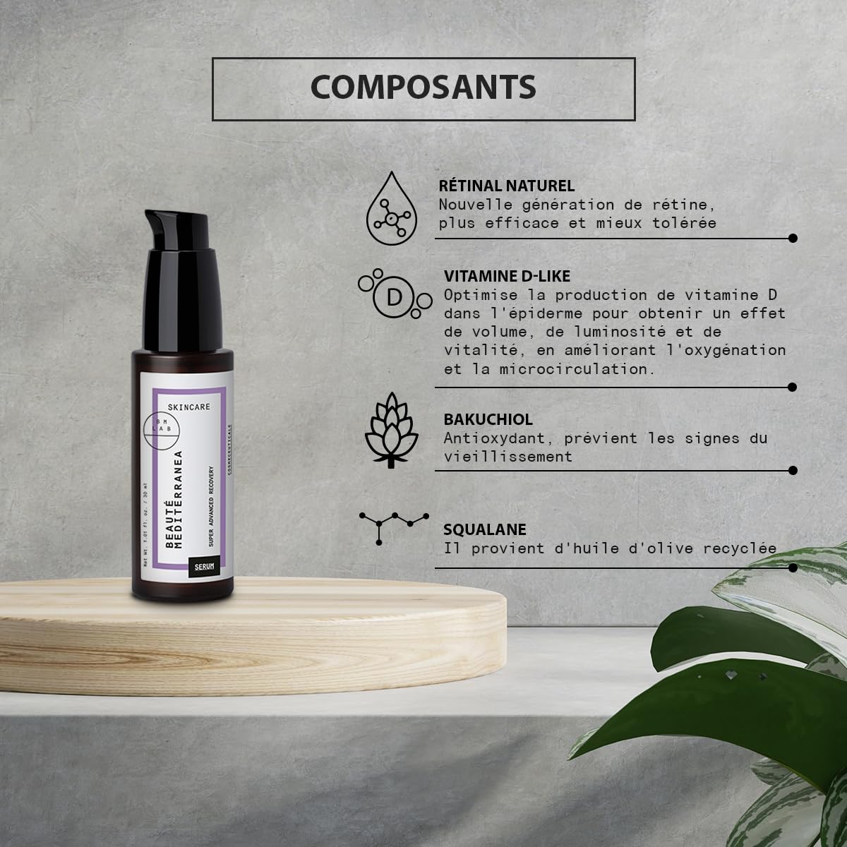 Beauté Mediterranea Super Concentrated Serum with Natural Retinal - 30 ml - with Bakuchiol and Vitamin D Booster - Optimal Tolerance - 100% Vegan - Super Advanced Recovery Serum