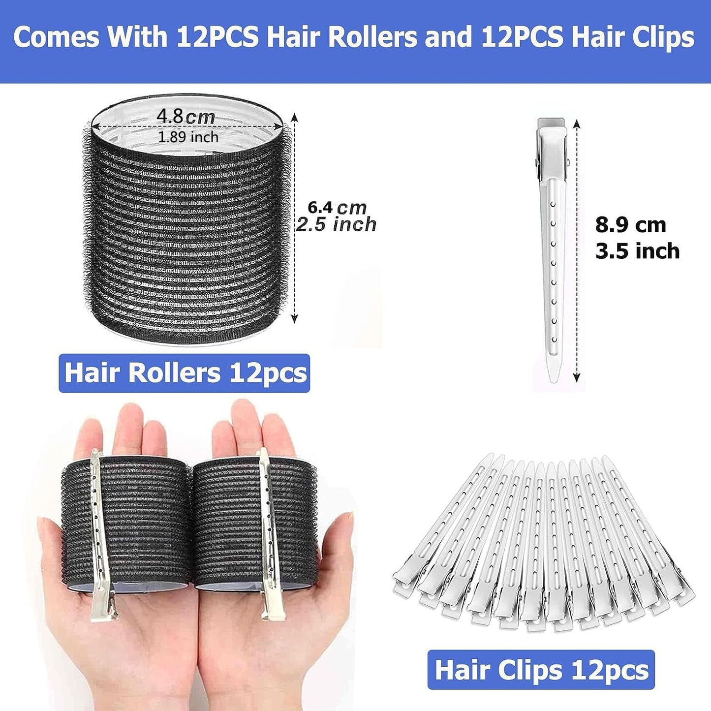 GNEUFVIE Hair Rollers Set 24 Pcs, Hair Curlers With 12 Pcs 48MM Self Grip Jumbo Hair Rollers & 12Pcs Duckbill Clip, Salon DIY Hairdressing Curlers Hair Curlers Rollers Tools for Long Medium Short Hair
