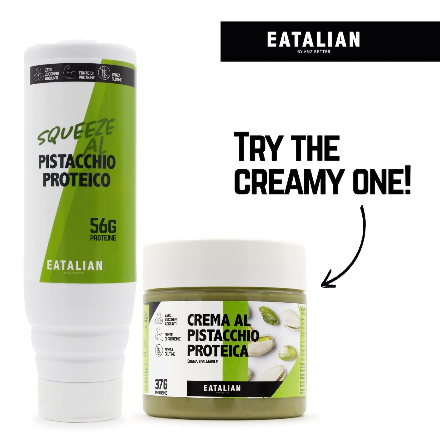 EATALIAN by AMZ BETTER Topping with Protein Pistachio Flavour, Sweet Protein Cream, in a 300 gr Squeezer, Made in Italy, Ideal Pistachio Sauce to garnish Ice Cream, Sweets and Dessert
