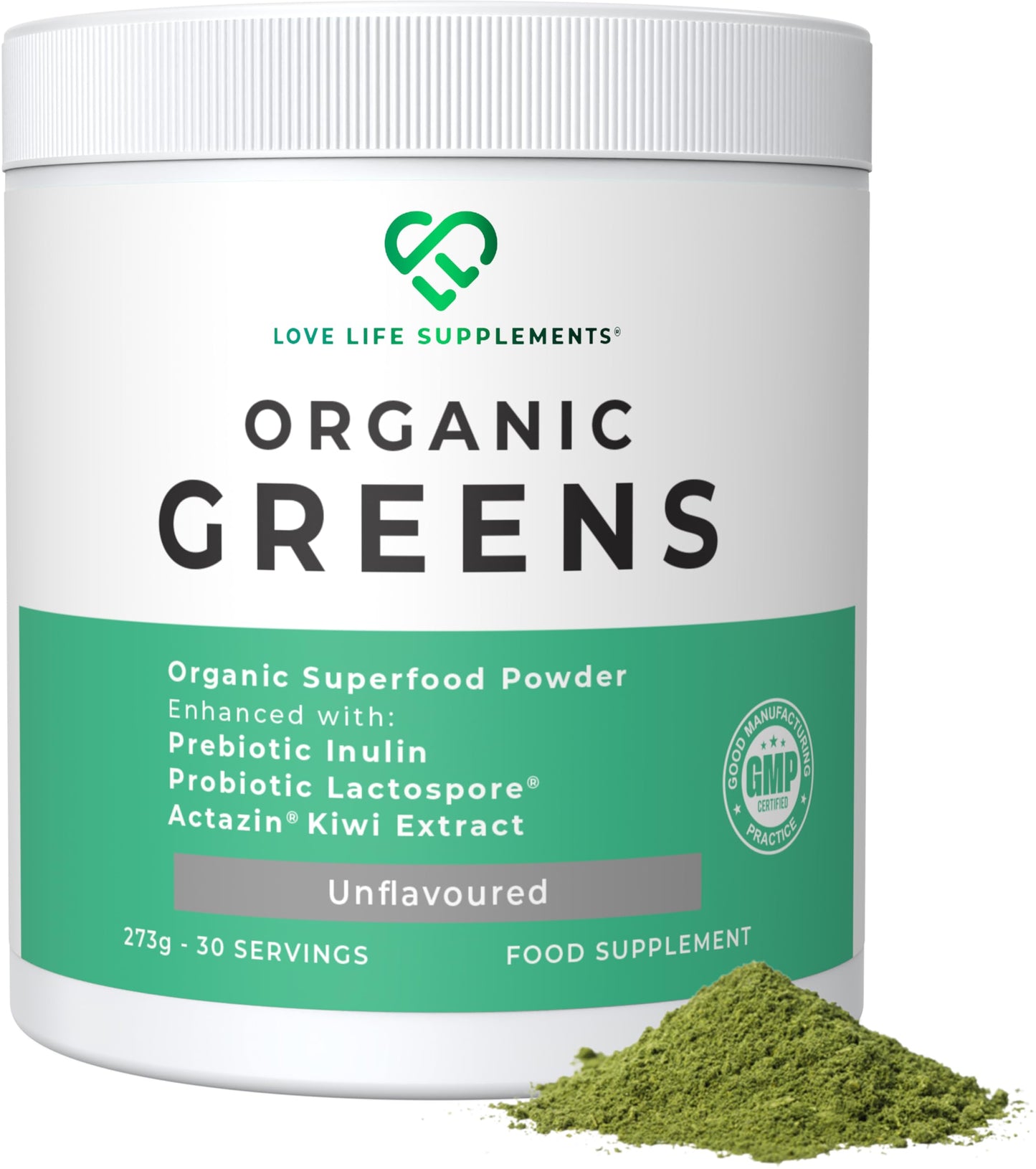 LOVE LIFE SUPPLEMENTS Organic Greens by LLS | 273g - 30 Servings | Unflavoured | Contains 6 Organic Greens - Kale, Spirulina, Spinach, Seagreens, Pea, Chlorella Plus Inulin and Lactospore® | Love Life Supplements