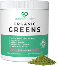LOVE LIFE SUPPLEMENTS Organic Greens by LLS | 273g - 30 Servings | Unflavoured | Contains 6 Organic Greens - Kale, Spirulina, Spinach, Seagreens, Pea, Chlorella Plus Inulin and Lactospore® | Love Life Supplements