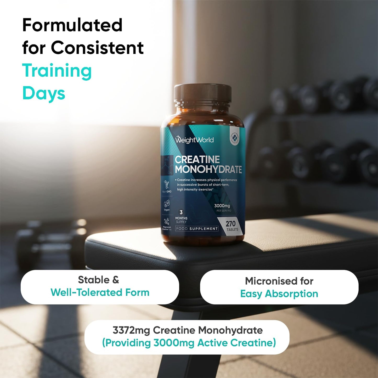 WeightWorld Creatine Monohydrate 3000mg - 270 Vegan Tablets - 3 Months Supply - Micronised for Easy Absorption - Creatine Monohydrate Powder Tablets for Men & Women - Unflavoured, Keto-Friendly & Gluten-Free