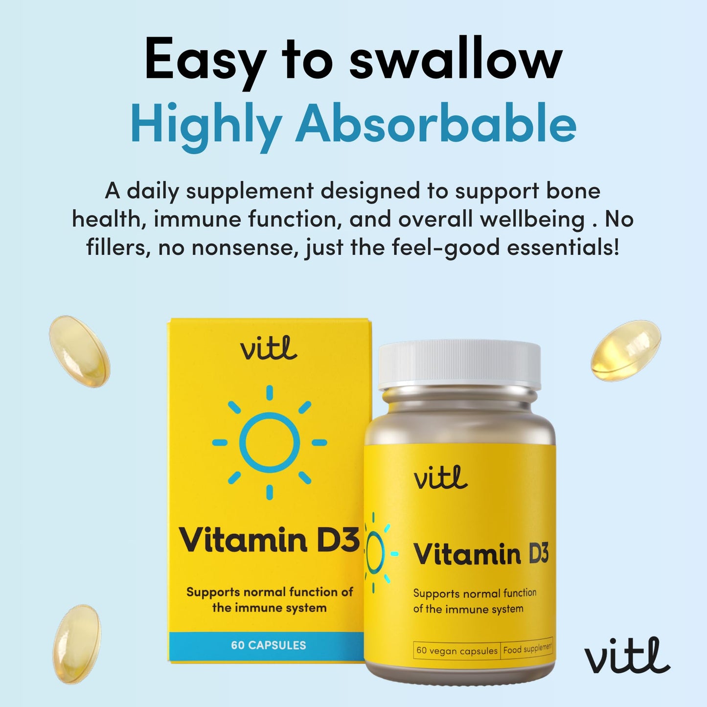 VITL Vitl Vitamin D3 Supplement - 60 Vegan Softgel Capsules - Support for The Immune System, Bones & Joints, Teeth, Muscles and Heart - 2 Month Supply