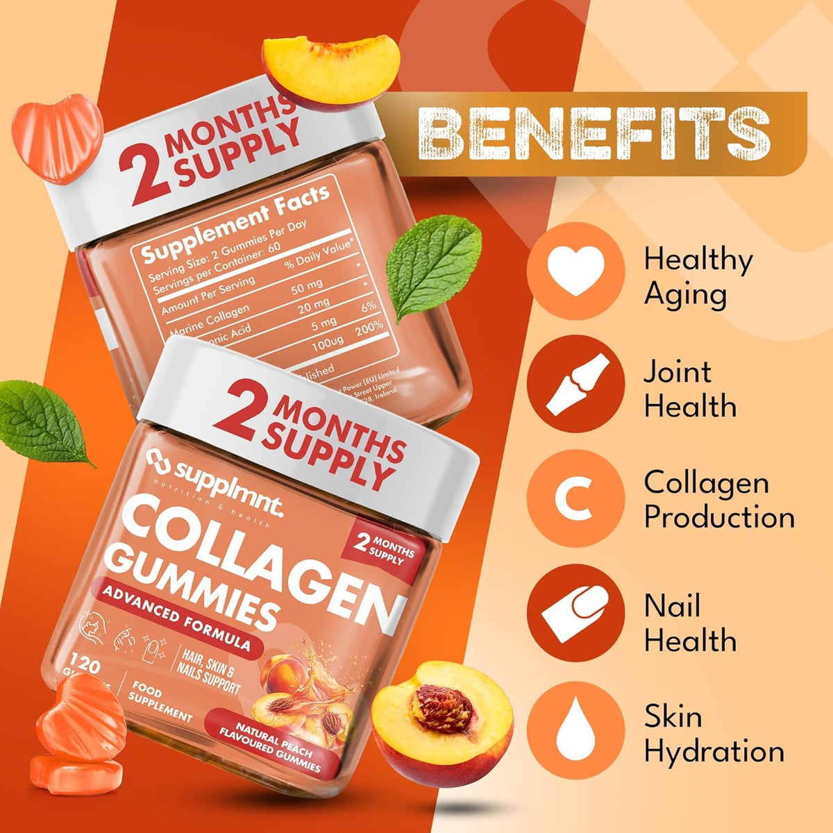 supplmnt. Supplmnt. Marine Collagen Gummies, Hydrolysed Collagen Peptides w/Biotin, Hyaluronic Acid & Vitamin C, Collagen Supplements for Women & Men, Collagen for Skin, Hair & Nails (One Size, Peach)