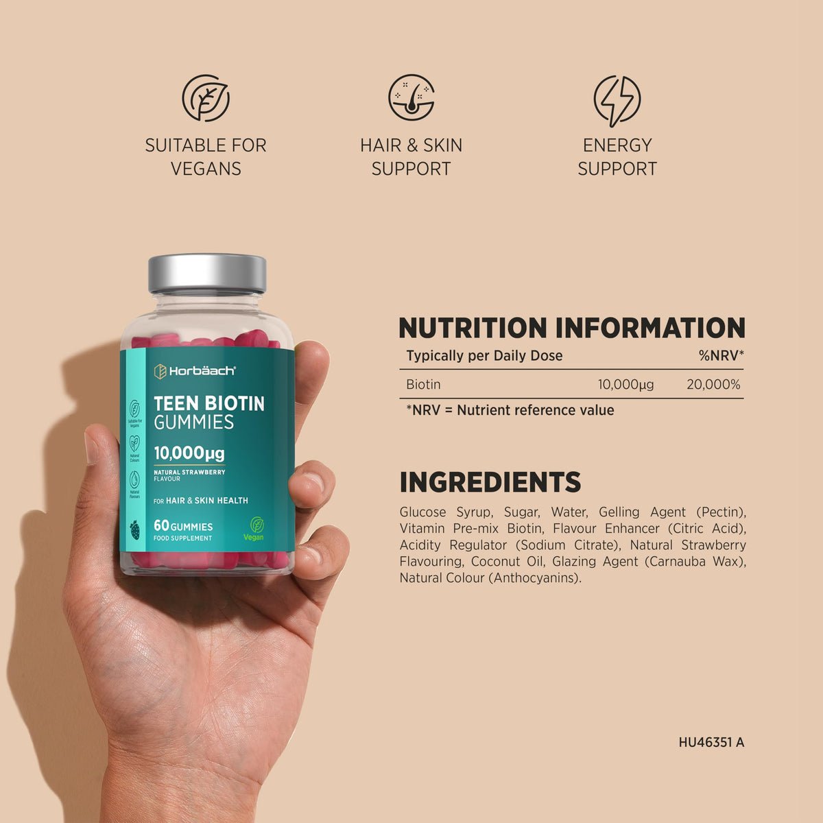 Horbäach Biotin Hair Growth Gummies for Teens 10,000mcg | Hair and Skin Supplement for Teenagers | Strawberry Flavour Tablet Alternative | Vegetarian and Vegan | 60 Count | by Horbaach
