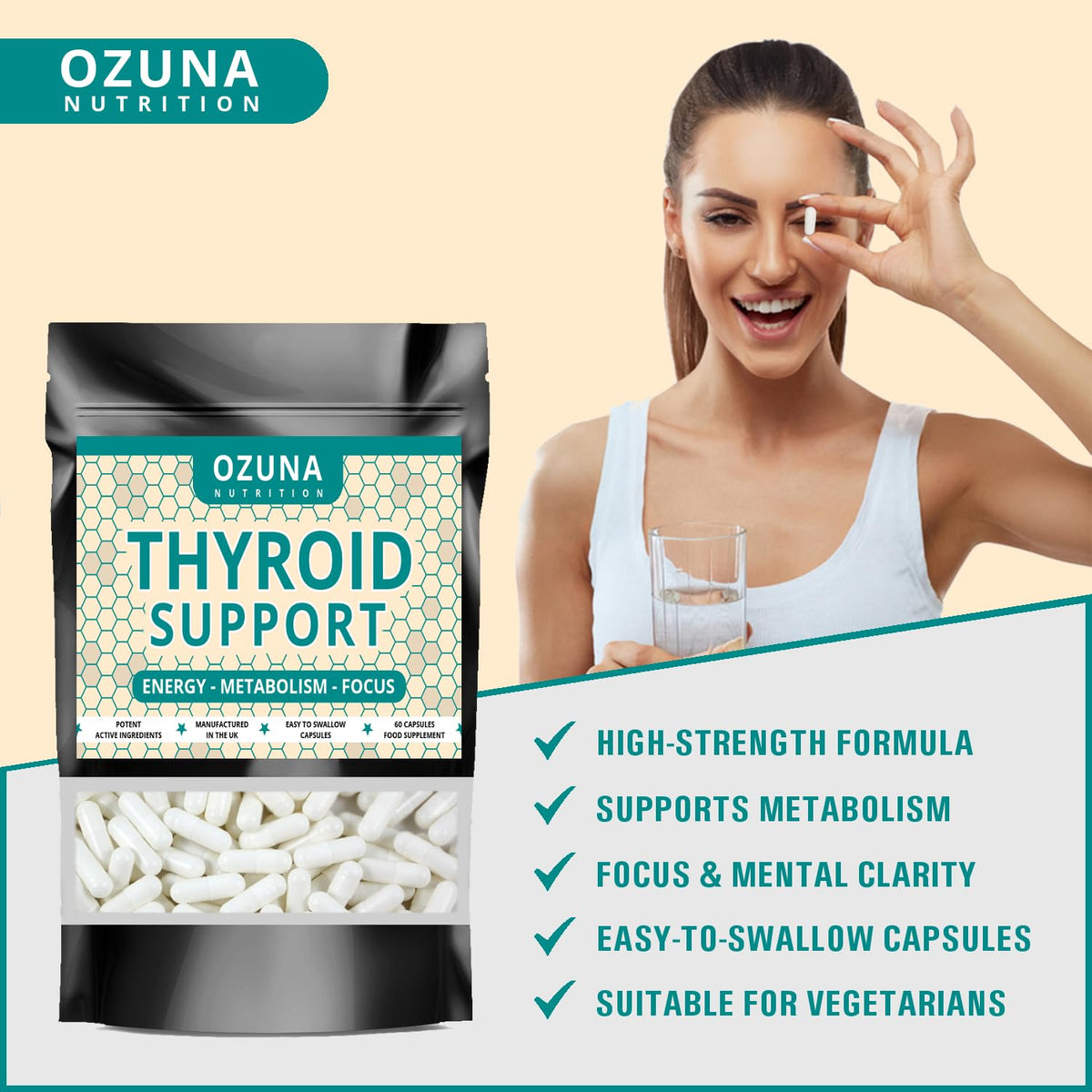 OZUNA NUTRITION Thyroid Support Supplement - 60 Vegetarian Capsules - with Myo inositol, L-Tyrosine & Natural Iodine from Kelp - Energy & Focus Formula - UK Made - 1 Month Supply