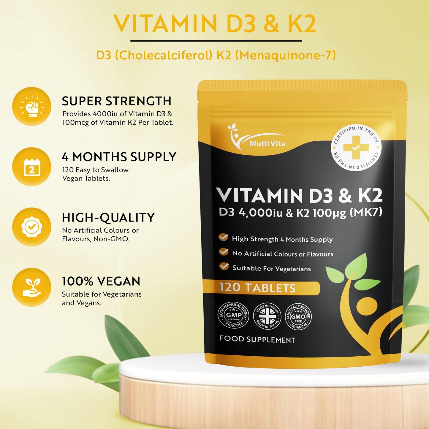 Multivita Vitamin D3 4000iu & Vitamin K2 100mcg (MK7) | 120 High Strength Vegetarian Tablets 4-Month Supply | Vitamin D K2 Supplement 1-A-Day Easy to Swallow D3 K2 (not Capsules) | Non-GMO | Made in The UK