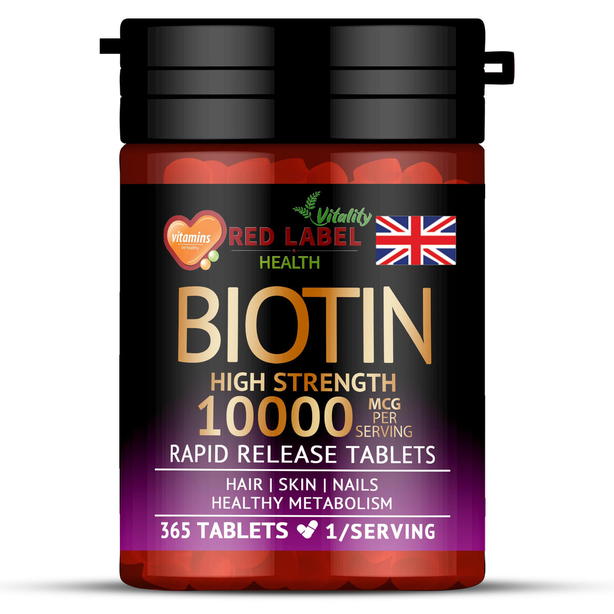 Red Label Health Biotin Hair Growth Supplement 10000mcg - 365 Vegan Tablets (1 Year Supply) - Hair Skin & Nails Vitamins for Women & Men - High Absorption D-Biotin - Hair Growth Vitamins