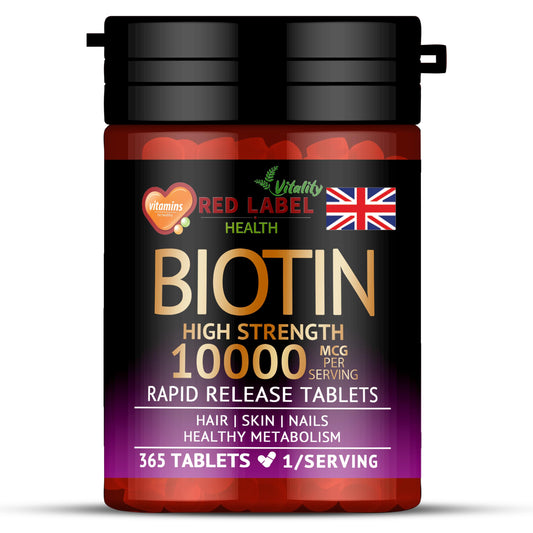 Red Label Health Biotin Hair Growth Supplement 10000mcg - 365 Vegan Tablets (1 Year Supply) - Hair Skin & Nails Vitamins for Women & Men - High Absorption D-Biotin - Hair Growth Vitamins