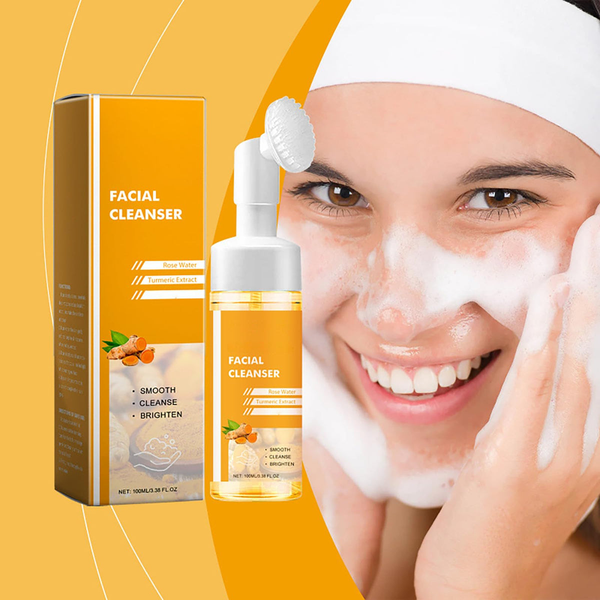 AuraAnge Turmeric Face Wash with Brush - Foaming Facial Cleanser for Women, Improves Blemishes, Zits, & Evens Skin Tone, Gentle Hydrating Cleanser